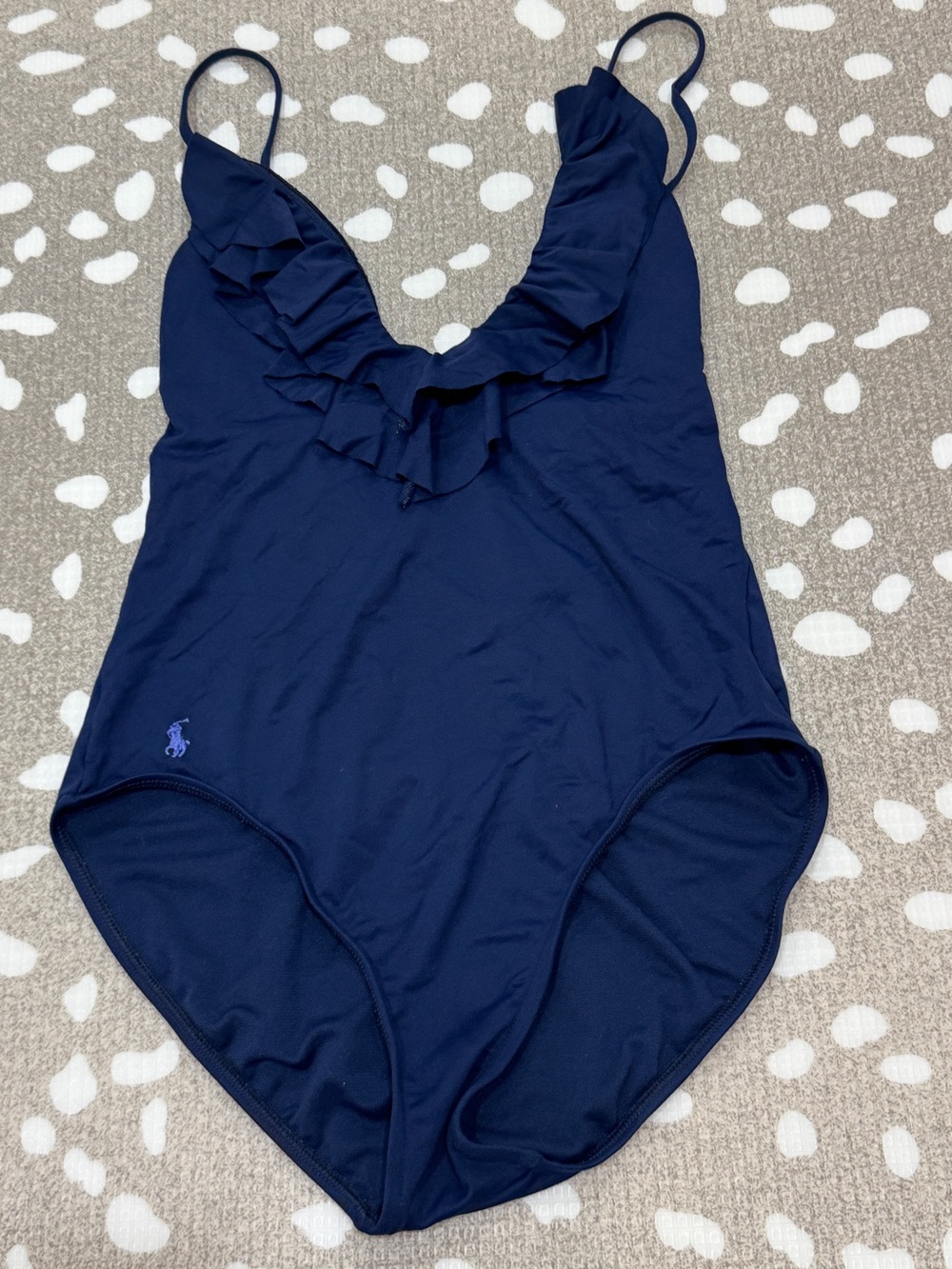 Polo Ralph Lauren double ruffle one-piece swimsuit navy deep V-neck criss cross - Picture 2 of 9